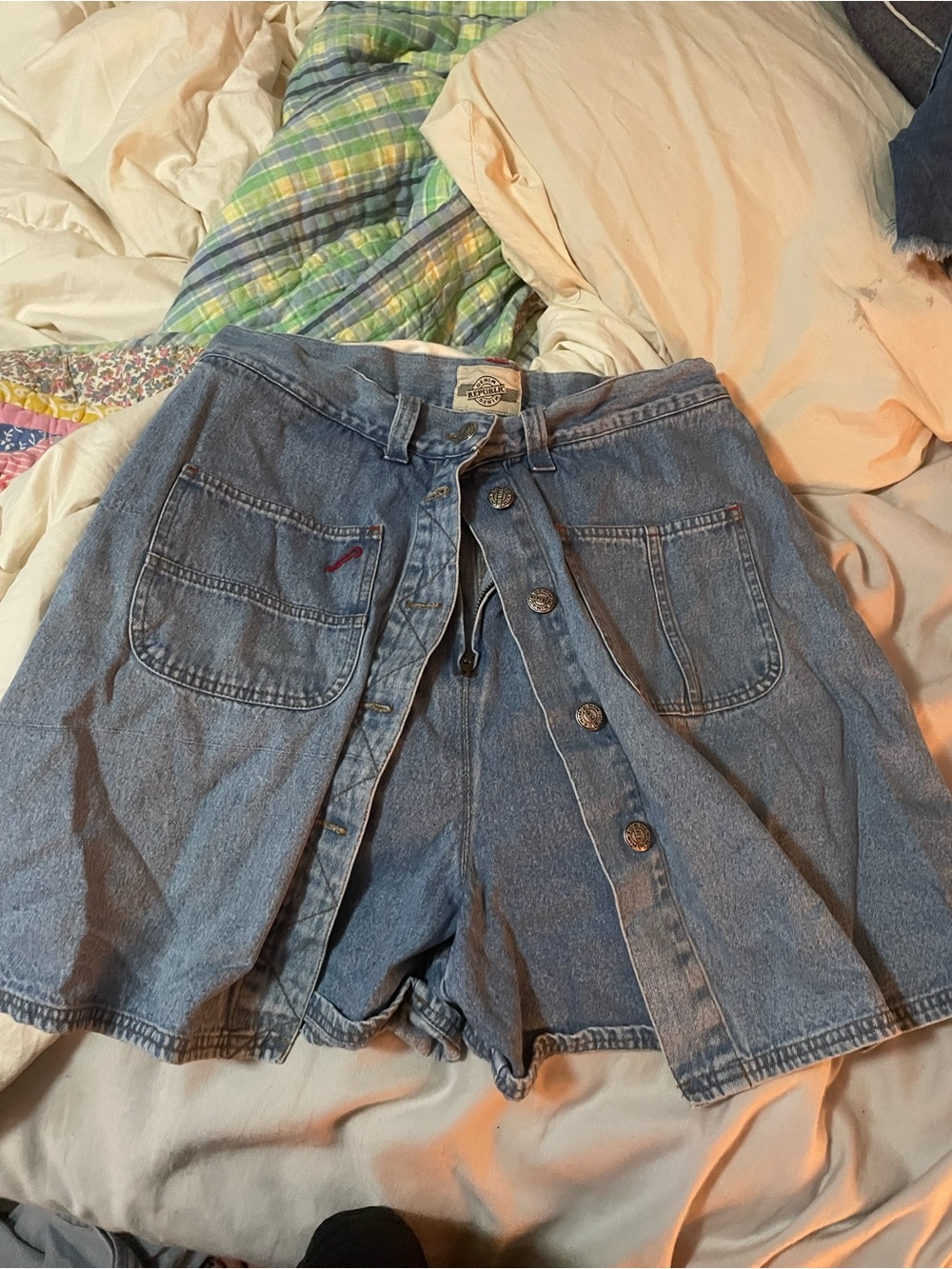 Button-Front Light Blue Denim Skort with Front Patch Pockets